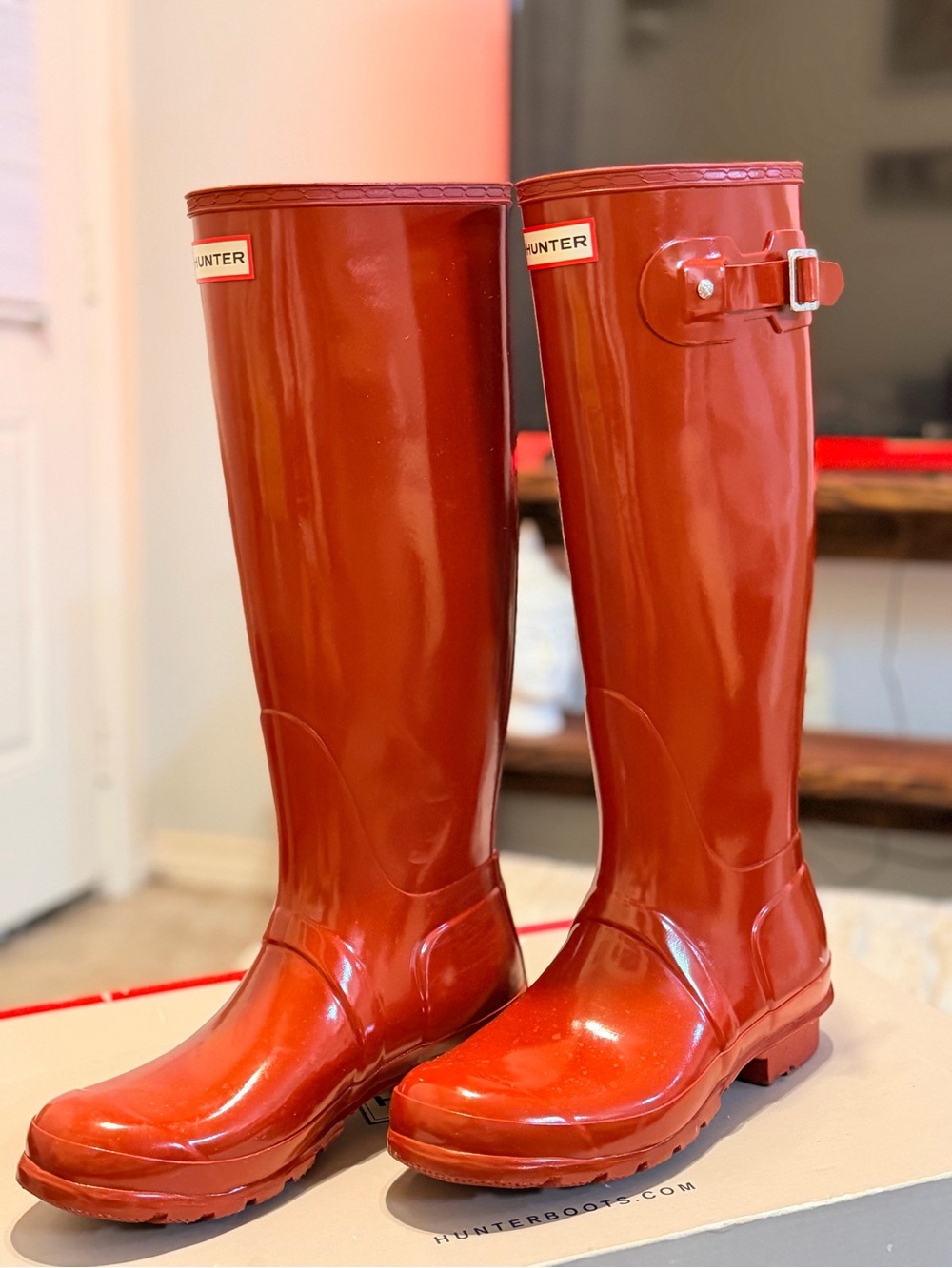 Hunter Women's Tall Gloss Rain Boots in Red Orange